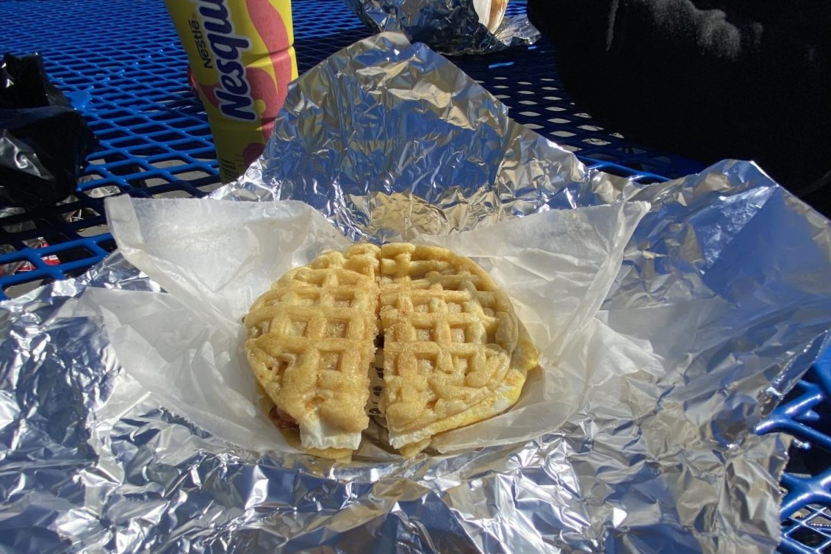 A bacon egg and cheese on a waffle from AZ Deli and Grill