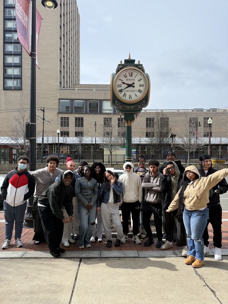 Students at Boston University taking a tour. From left: Edwar, Jeancarlos,Joseph ,Cloey, Maryam , Hajabenitu,Rokia, Jandelyn, Yorvit, Houlematu , Haziel, Ardenis , Jeremiah , Soleil , and Edwin