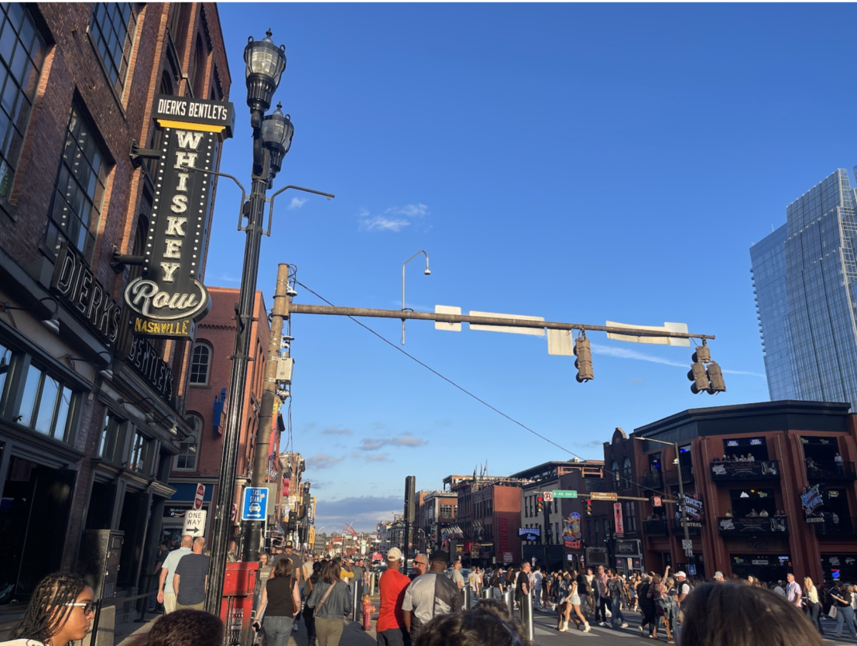 Nashville is known as "Music City." Here is Broadway, where you can find bars playing live "honky tonk." 